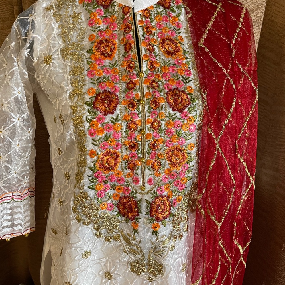 Salawer kameez stitch L40 white red  Tissue silk